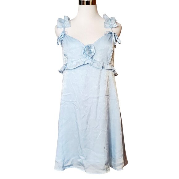 Wild Fable Light Blue Ruffle Trim Satin Summer Dress With Bow Straps Size M - Picture 3 of 14